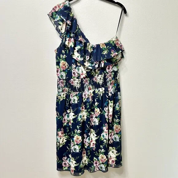 Torrid Dress Women's 1 1X Blue Knee Length One Shoulder Floral Beach Cottagecore - Picture 2 of 13